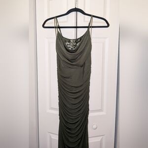 Olive Green Ruched Cowl Neck Women's Dress